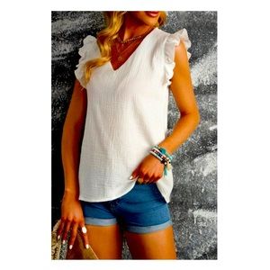 Something New & Pretty - WHITE RUFFLE CAP SLEEVE TOP GAUZE - Size Small
